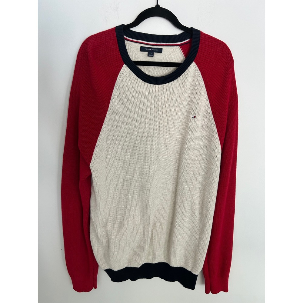 Tommy Hilfiger Mens Colorblock Raglan Cotton Knit Sweater Cream Red Navy Large